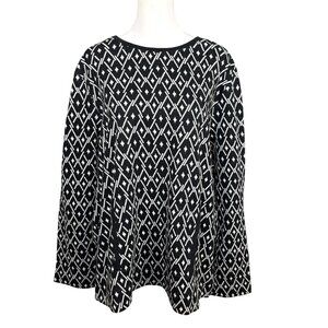 NEW J Jill XL Cotton Pullover Sweater Black White Diamond Print Kangaroo Pocket